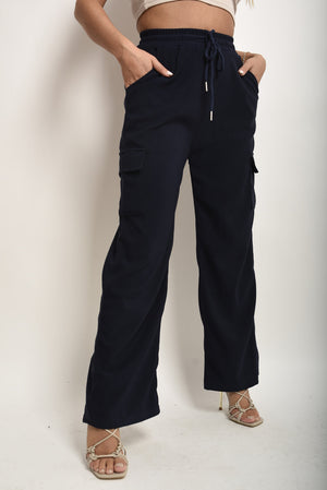 Wide Leg Drawstring Waist Flap Pocket Trouser-5