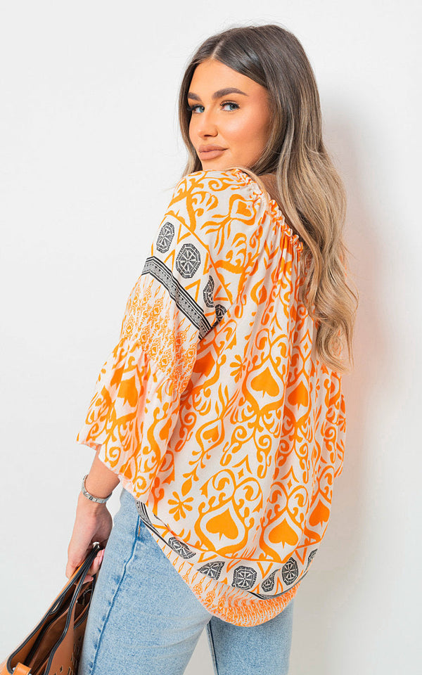 Boho Printed Tassel Tie Neck Long Sleeve Loose Tops-10