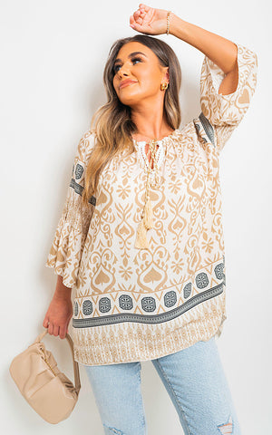 Boho Printed Tassel Tie Neck Long Sleeve Loose Tops-12