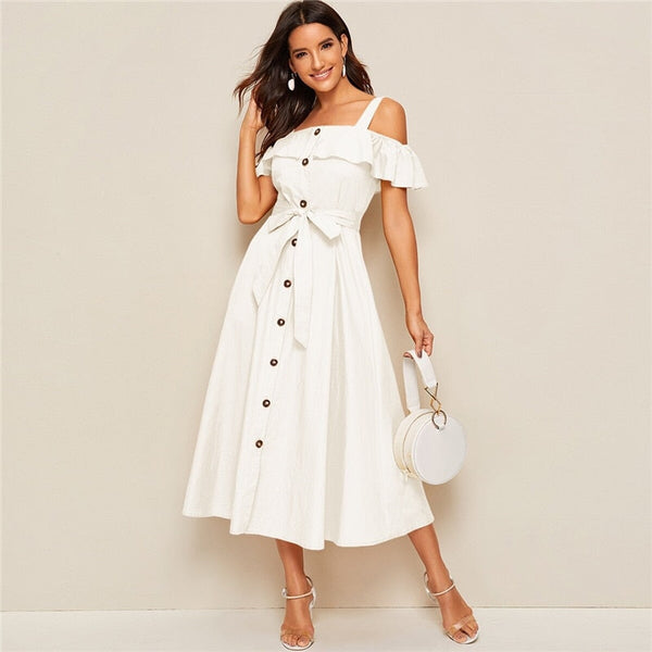 White Flounce Foldover Button Front Self Belted Dress Women Autumn Straps Cold Shoulder Solid Flared Party Long Dresses-2