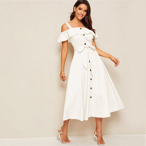 White Flounce Foldover Button Front Self Belted Dress Women Autumn Straps Cold Shoulder Solid Flared Party Long Dresses-3