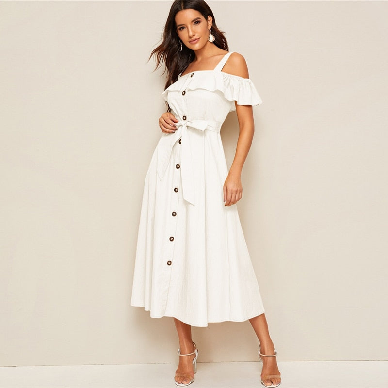 White Flounce Foldover Button Front Self Belted Dress Women Autumn Straps Cold Shoulder Solid Flared Party Long Dresses-0