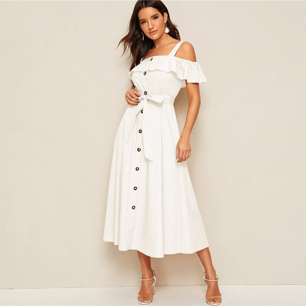 White Flounce Foldover Button Front Self Belted Dress Women Autumn Straps Cold Shoulder Solid Flared Party Long Dresses-1