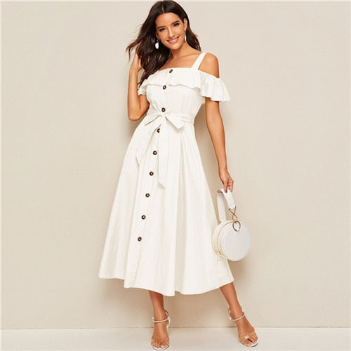 White Flounce Foldover Button Front Self Belted Dress Women Autumn Straps Cold Shoulder Solid Flared Party Long Dresses-0