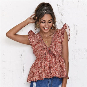 Women Summer V Neck Sleeveless Ladies Ditsy Floral Boho Cute Tops-5