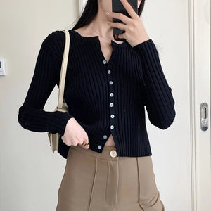 Women Button Up Ribbed Sweater Shirt Cropped Knit Cardigans Korean Knitting Crop Tops Streetwear-2